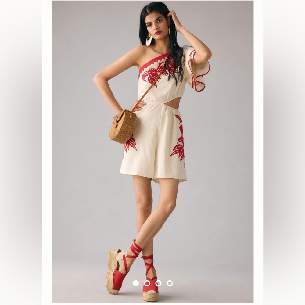 Anthropologie Cream and Red One-Shoulder Jumpsuit